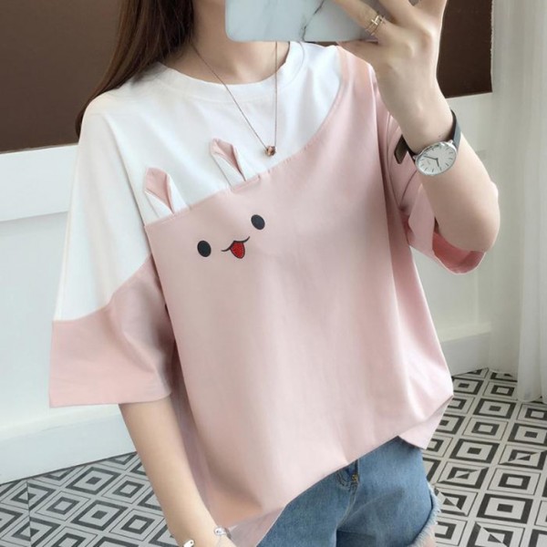 2022 summer new embroidered rabbit Korean color matching T-shirt student top loose short sleeved women's wear a shop 