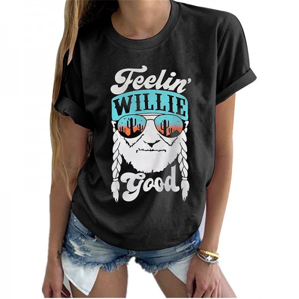 Amazon European and American foreign trade women's clothing spot summer three color old head letter printed women's clothing round neck short sleeve T-shirt 