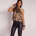 European and American pop Amazon wish fashion leopard print hanging neck sexy navel and back slim women's T-shirt in stock 