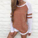 Amazon eBay express fashion popular European and American tricolor stripe stitching long sleeve T-shirt round neck color matching top 