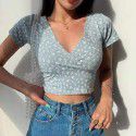 European and American slim fit short V-neck floral top fat mm new summer navel exposed temperament short sleeve T-shirt is thin and bottomed