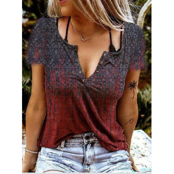Low price promotion Amazon Europe and America Summer slim fit temperament commuter print gradient Pullover V-neck short sleeve T-shirt women 