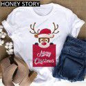 European and American Express New Christmas cartoon cute Santa elk reindeer printed men's and women's T-shirt 