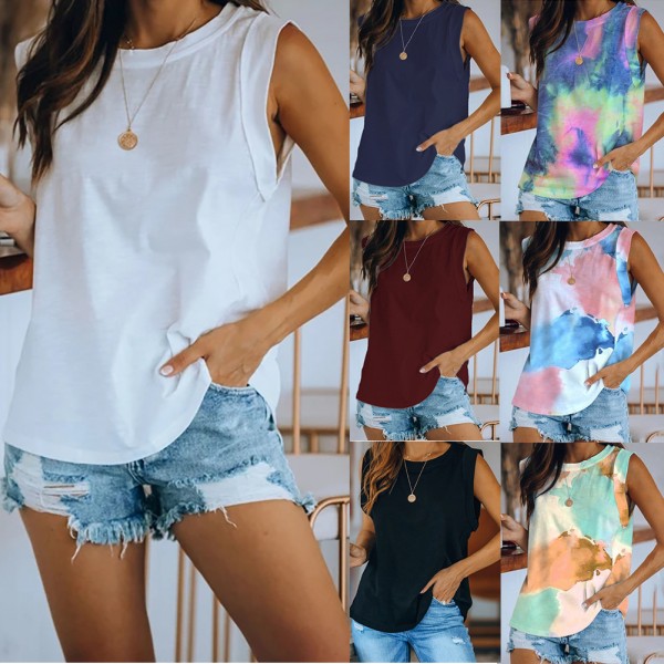 9 color 5 size 2021 popular Amazon wise cross border women's wear European and American round neck tie dyed solid color vest T-shirt 