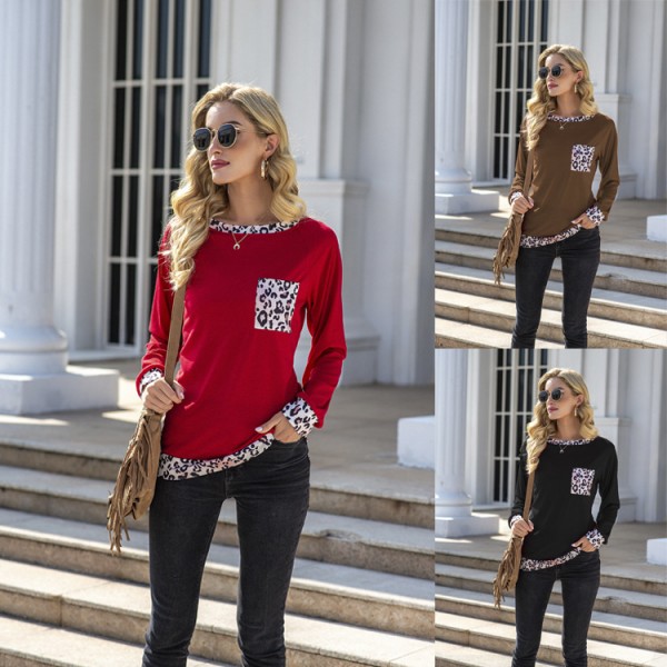 Autumn and winter 2021 cross border Amazon European and American women's printed leopard stitching round neck pocket women's long sleeved T-shirt women 