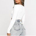 2021 European and American spring and autumn ins new women's wear sexy V-neck hollowed out splicing slim fitting long sleeve solid color bottomed blouse 