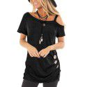 2022 Amazon Women's top short sleeve diagonal collar summer new solid color European and American fashion off shoulder Pullover women's T-shirt 
