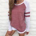 Amazon eBay express fashion popular European and American tricolor stripe stitching long sleeve T-shirt round neck color matching top 