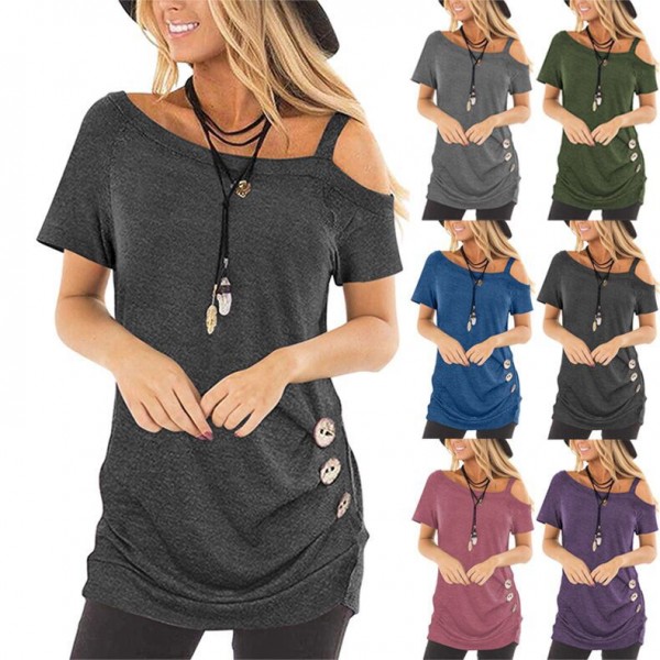 2022 Amazon Women's top short sleeve diagonal collar summer new solid color European and American fashion off shoulder Pullover women's T-shirt 