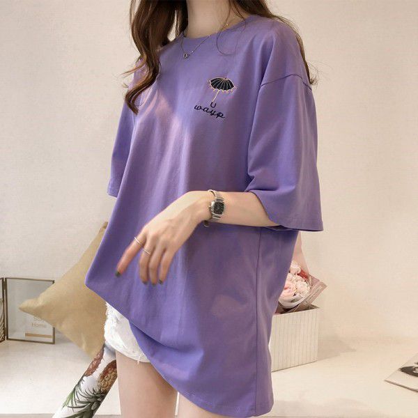 Medium and long T-shirt women's wholesale 2022 Korean loose embroidered blouse student large women's fashion one-piece shop 
