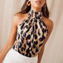 European and American pop Amazon wish fashion leopard print hanging neck sexy navel and back slim women's T-shirt in stock 