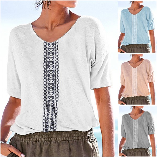 2022wish Amazon European and American autumn and winter new top fashion round neck medium sleeve retro positioning flower women's T-shirt 