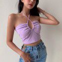 European and American foreign trade solid color low breast drawcord multi wearing method suspender sexy vest sleeveless women's slim open navel short top 