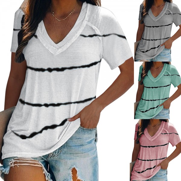 2021 cross border independent station Amazon Shopify stripe printed T-shirt women's T-Shirt Large V-neck T-shirt 