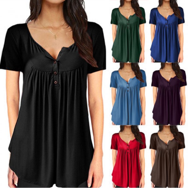 Amazon wish express European and American pop 2019 pleated open button loose short sleeved T-shirt 