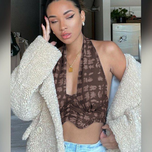 European and American style 2021 summer new women's fashion printing design sense hanging neck Slim Fit Sexy navel revealing vest women 