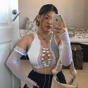 Amazon ins2021 autumn new women's clothing perspective mesh splicing strap hollowed out sexy slim fit T-shirt 