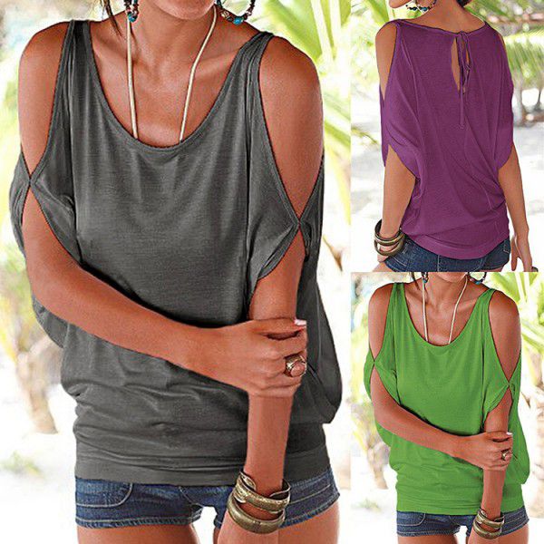 Express eaby Amazon popular women's off shoulder bat loose casual top short sleeve solid T-shirt 