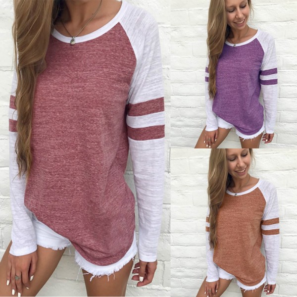 Amazon eBay express fashion popular European and American tricolor stripe stitching long sleeve T-shirt round neck color matching top 