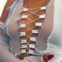 Amazon ins2021 autumn new women's clothing perspective mesh splicing strap hollowed out sexy slim fit T-shirt 