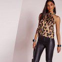 European and American pop Amazon wish fashion leopard print hanging neck sexy navel and back slim women's T-shirt in stock 