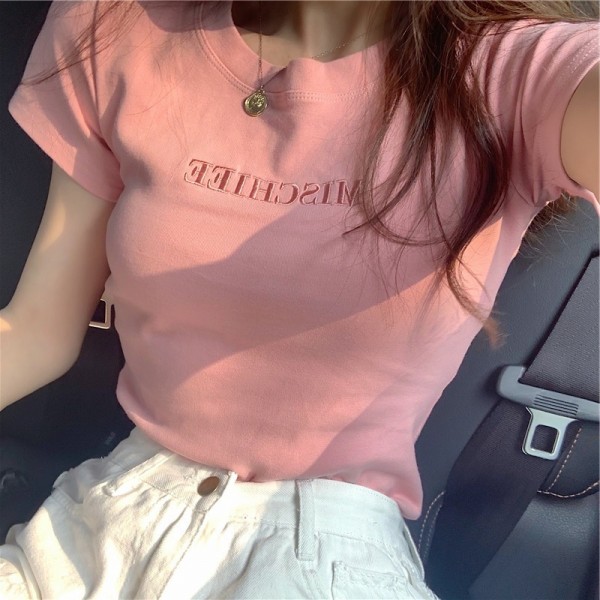 Letter embroidered top 2022 summer new slim bottomed women's wear Korean Short Sleeve fashion T-shirt loose wholesale