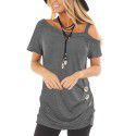 2022 Amazon Women's top short sleeve diagonal collar summer new solid color European and American fashion off shoulder Pullover women's T-shirt 