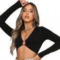 2021 European and American spring and autumn ins new women's wear sexy V-neck hollowed out splicing slim fitting long sleeve solid color bottomed blouse 