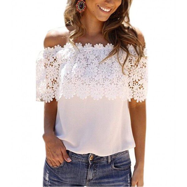 Cross border European and American spot AMZ hook flower straight neck sleeveless lace shirt lace splicing T-shirt 8195 