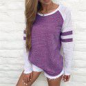 Amazon eBay express fashion popular European and American tricolor stripe stitching long sleeve T-shirt round neck color matching top 