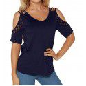 2020 summer new wish Amazon popular European and American women's neckwear hollow out short sleeve splicing T-Shirt Top 
