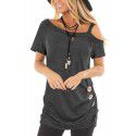 2022 Amazon Women's top short sleeve diagonal collar summer new solid color European and American fashion off shoulder Pullover women's T-shirt 