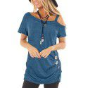 2022 Amazon Women's top short sleeve diagonal collar summer new solid color European and American fashion off shoulder Pullover women's T-shirt 