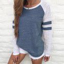 Amazon eBay express fashion popular European and American tricolor stripe stitching long sleeve T-shirt round neck color matching top 
