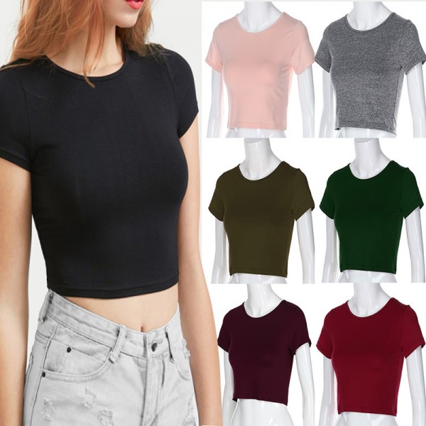 Amazon popular summer new women's T-shirt round neck solid color short European and American casual top short sleeved women 