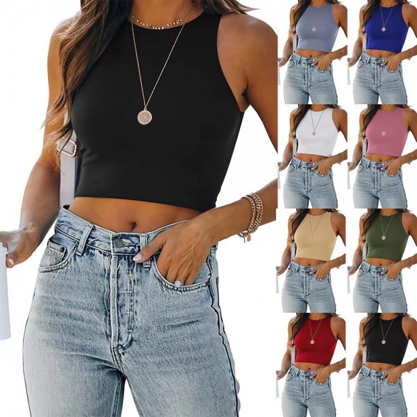 Short women's summer cross border Amazon new wish pop European and American sleeveless round neck i-vest T-shirt foreign trade women 