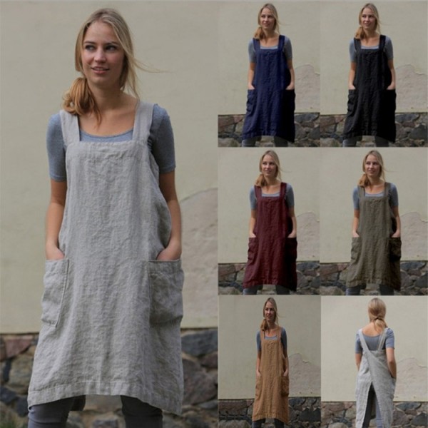 Amazon 2022 cross border European and American new eBay women's cotton linen apron long circumference home clothes loose dress 