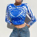 2021 spring foreign trade European and American style women's clothing personalized street love printing tie dyeing sexy navel exposed long sleeved T-shirt 