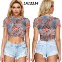 2021 New Amazon Women's cross border summer navel exposed mesh sexy short sleeve T-shirt round neck Pullover Europe and the United States 
