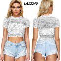 2021 New Amazon Women's cross border summer navel exposed mesh sexy short sleeve T-shirt round neck Pullover Europe and the United States 