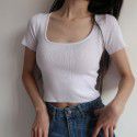 Amazon European and American slim fit T-shirt summer square neck high elastic solid color top large short sleeve belly button bottomed shirt 