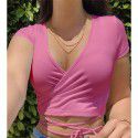 Cross border supply 2021 summer European and American new women's clothing independent station fashion sexy solid color V-neck short sleeve bandage small T-shirt 