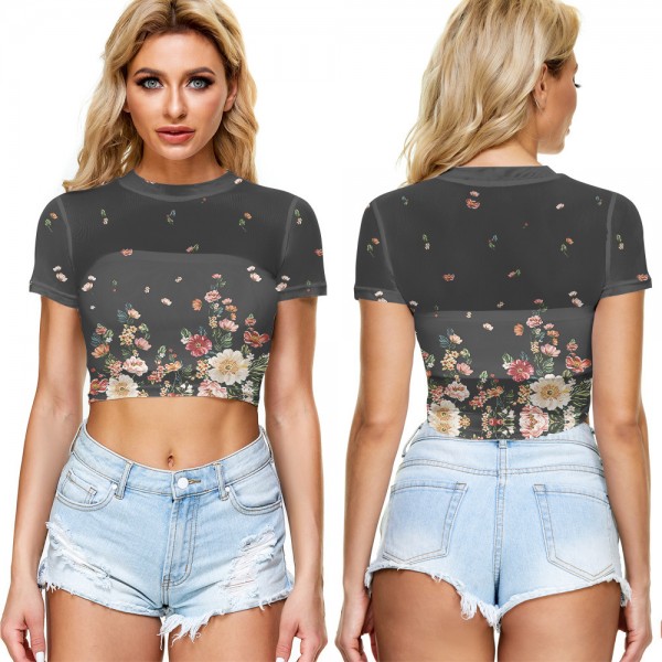 2021 New Amazon Women's cross border summer navel exposed mesh sexy short sleeve T-shirt round neck Pullover Europe and the United States 