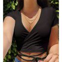 Cross border supply 2021 summer European and American new women's clothing independent station fashion sexy solid color V-neck short sleeve bandage small T-shirt 