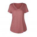 Amazon new solid color V-neck European and American fashion women's short sleeved T-shirt summer loose casual coat spot wholesale 