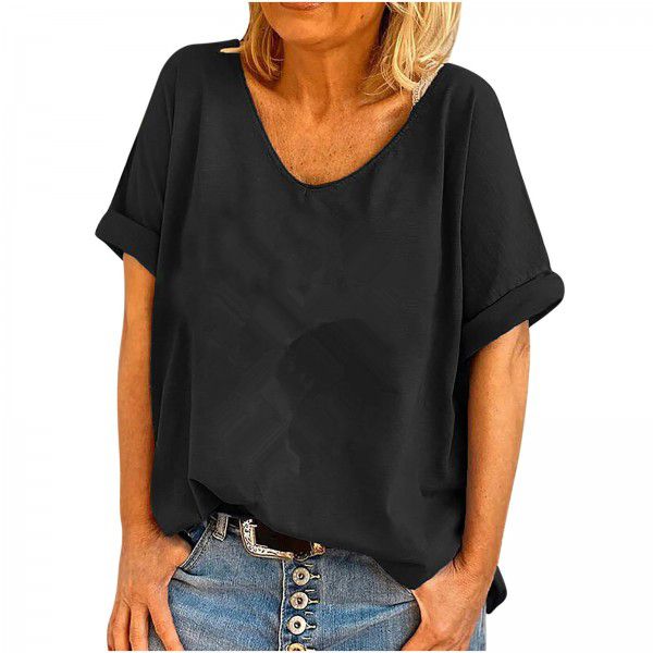 European and American solid color T-shirt blouse women's cross-border foreign trade wish express women's round neck T-shirt blouse women's factory wholesale 