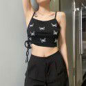 Ins suspender vest women's 2020 summer European and American style new butterfly print exposed umbilical strap drawstring bottomed top 