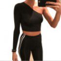 2021 cross border European and American Express 2020 new women's one shoulder long sleeve hollow out sexy navel top T-shirt 