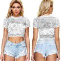 2021 New Amazon Women's cross border summer navel exposed mesh sexy short sleeve T-shirt round neck Pullover Europe and the United States 