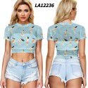2021 New Amazon Women's cross border summer navel exposed mesh sexy short sleeve T-shirt round neck Pullover Europe and the United States 